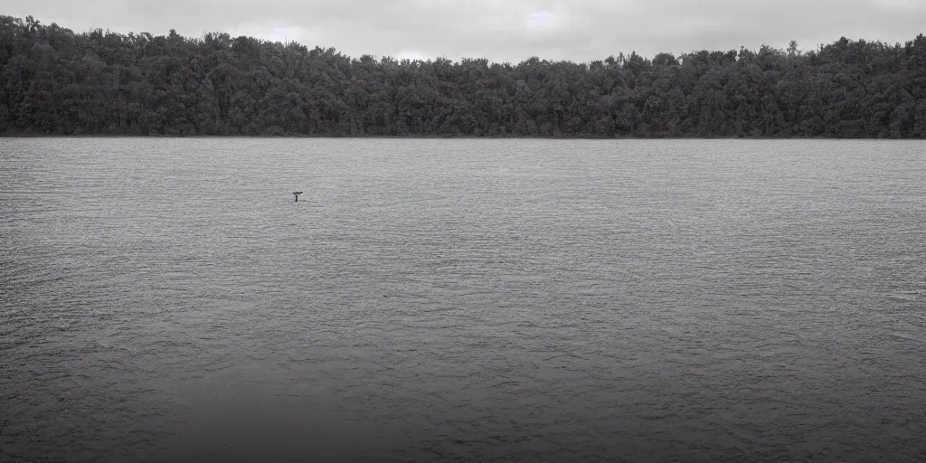 Prompt: infinitely long rope zig zagging across the surface of the water into the distance, floating submerged rope stretching out towards the center of the lake, a dark lake on a cloudy day, moody scene, trees in the background, hyper - detailed photograph, 4 k anamorphic lens