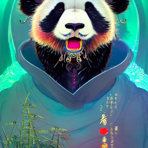 Image similar to a beautiful hyperdetailed character design 4 k wallpaper illustration of a cute panda with a chinese lion dance head victo ngai cyberpunk style, from china, style of studio ghibli, makoto shinkai, raphael lacoste, louis comfort tiffany, artgerm, james jean, ross tran, chinese style