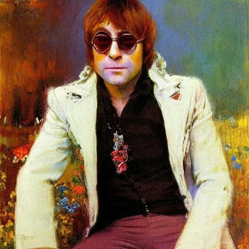 Prompt: portrait of elton john lennon looking to the side in 1 9 7 0 by ilya repin