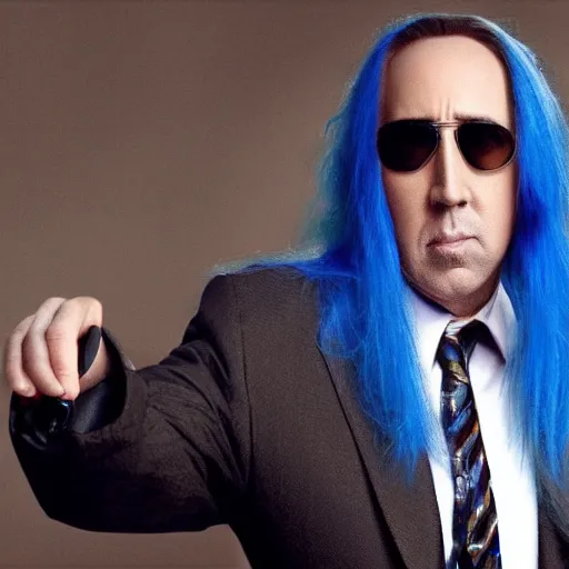 Image similar to nicholas cage with blue hair