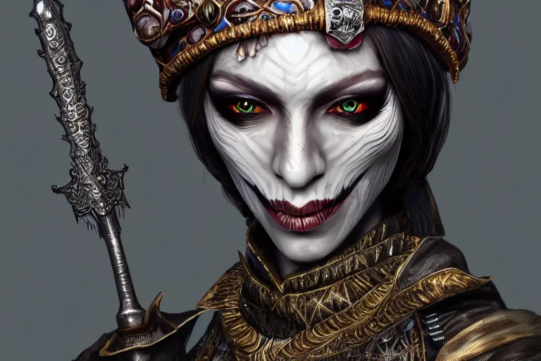 Prompt: a full portrait of a beautiful woman wearing, wearing extremely detailed attire, slim complexity, extremely detailed white eyes, medievil, dnd, extremely detailed, high quality, trending on artstation, photo realistic