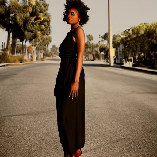 Prompt: portrait photograph of an elegant black woman wearing a sundress in Santa Monica. super resolution. 85 mm f1.8 lens.bokeh.graflex. Alessio albi