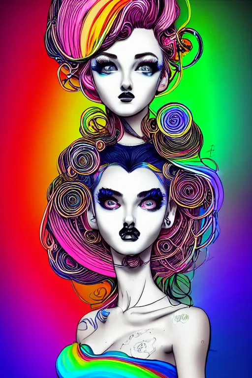 Image similar to a award winning portrait of a beautiful woman with stunning eyes in a one off shoulder croptop and cargo pants with rainbow colored hair, outlined by whirling illuminated neon lines and fine lines swirling in circles by joe fenton, digital art, trending on artstation