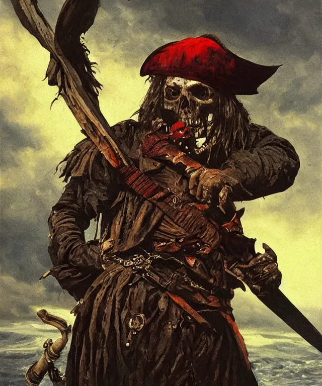 Image similar to ultra realistic color portrait painting of an undead 1 7 th century pirate with a sword in a grotto, dark, painted, brooding, atmospheric, seascape, horror, smooth, epic, highly detailed, cinematic, by angus mcbride