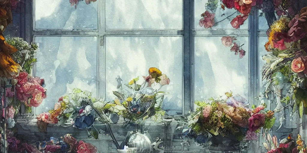 Prompt: a beautiful insanely intricate watercolor illustration of modern flower still life in the windows, colorfull, by william turner art, by greg rutkowski, by james jean, by rossdraws, by frank franzzeta, by sakimichan, by edmund dulac, trending on artstation, insanely detailed, masterpiece,