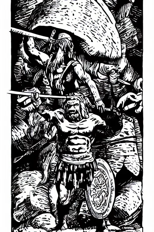 Image similar to ancient historically accurate depiction of the Bible Character Goliath of Gath, the Philistine warrior giant by mcbess