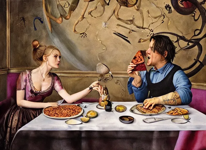 Prompt: hyper realistic detailed painting of a heavy tattooed frog couple in baroque clothes in mid 70s italian restaurant eating pepperoni pizza with roasted rainbow and drinking black sparkling milk by Andrei Tarkovsky, Adrian Ghenie, Storm Thorgerson, and Beeple, semi naive, pastel colors, Hilma af Klint color palette, cinematic, very coherent symmetrical artwork, cinematic, hyper realism, high detail, 8k, last supper composition. Beksinski painting, part by Adrian Ghenie and Greg Hildebrandt. art by Neo Rauch. masterpiece