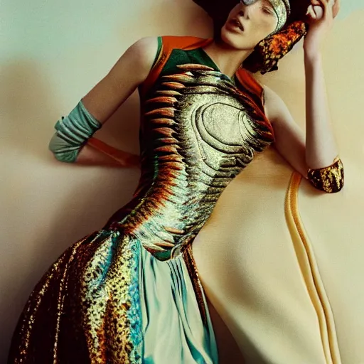Image similar to Fashion photography of a woman wearing a Gucci dress inspired by a dolphin, artistic photography, insanely detailed, chiaroscuro, cinestill 800t, Vogue magazine
