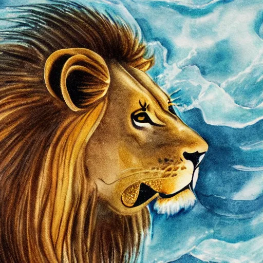 Image similar to a male lion's face breaching through a wall of water, water sprites, splashing, deep blue water color, highly detailed