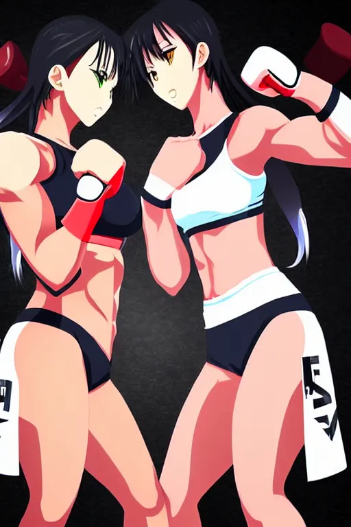 Image similar to two beautiful identical female fighters facing each other in the gym, dim lighting, gorgeous features, high definition, sharp focus, detailed digital anime art