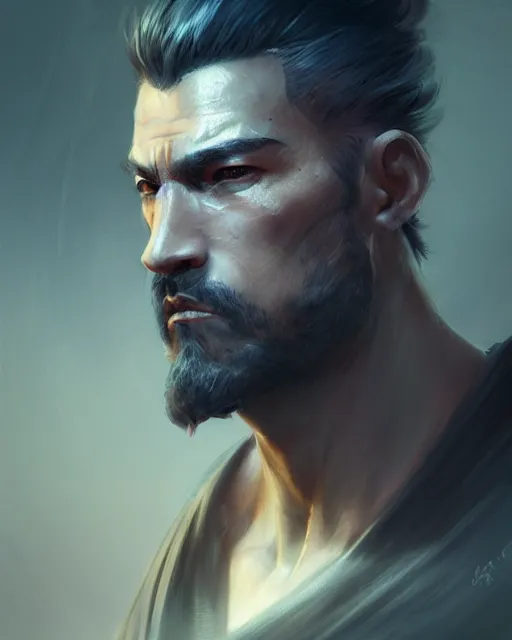 Image similar to full length portrait of a handsome and muscular ronin, square masculine facial features, short messy hair, katana, by wlop and peter mohrbacher, samurai, extremely detailed shading, concept art, digital painting, trending on artstation, unreal engine 5, octane render, atmosphere, glow, cinematic lighting, full of color