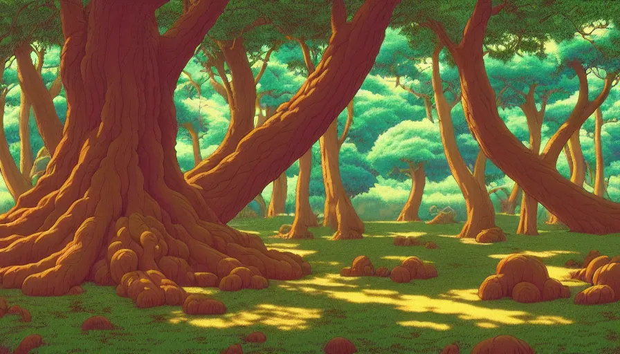 Prompt: a geant oak typography by kaws tree in a forest, studio ghibli by tim hildebrandt, michael whelan, background environment. sharpen. 8 k