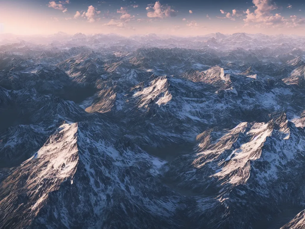 Image similar to realistic view from a mountaintop, high mountains, Alps, digital painting, realistic render, 4k, 8k, photography, unreal engine, wallpaper, cinematic