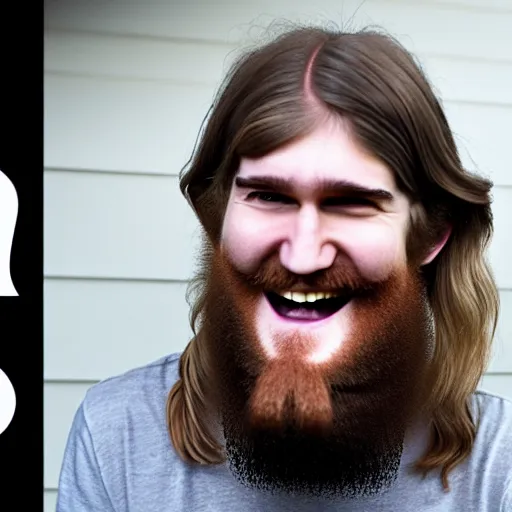 Prompt: bearded long - haired bo burnham outside of his house, smiling and dancing extremely happily, ultra - realistic, 8 k