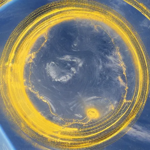 Prompt: golden rings circling the earth, highly detailed photograph, taken from space