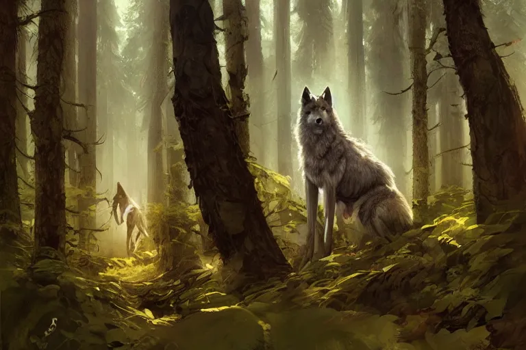 Image similar to wolf in the forest, stylized, sunlit, paint texture, digital painting, highly detailed, artstation, sharp focus, illustration, concept art, ruan jia, charlie bowater, tom bagshaw, norman rockwell