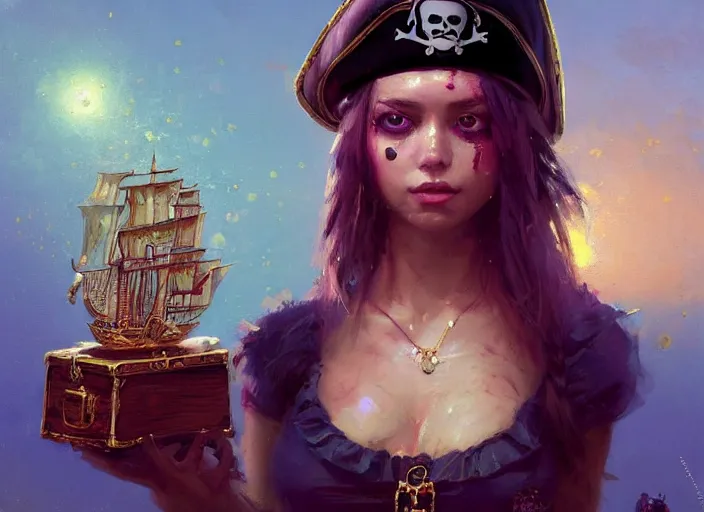 Prompt: full body picture of a pirate girl, hard breathing, messy hair, very excited, sparkling eyes, front of the treasure box, magic and fantasy on the background, coveted, beautiful and aesthetic and attractive and detailed face, specular reflection, occlusion shadow, intricate, bokeh, masterpiece, by ilya kuvshinov and jeremy lipking and quentin mabille