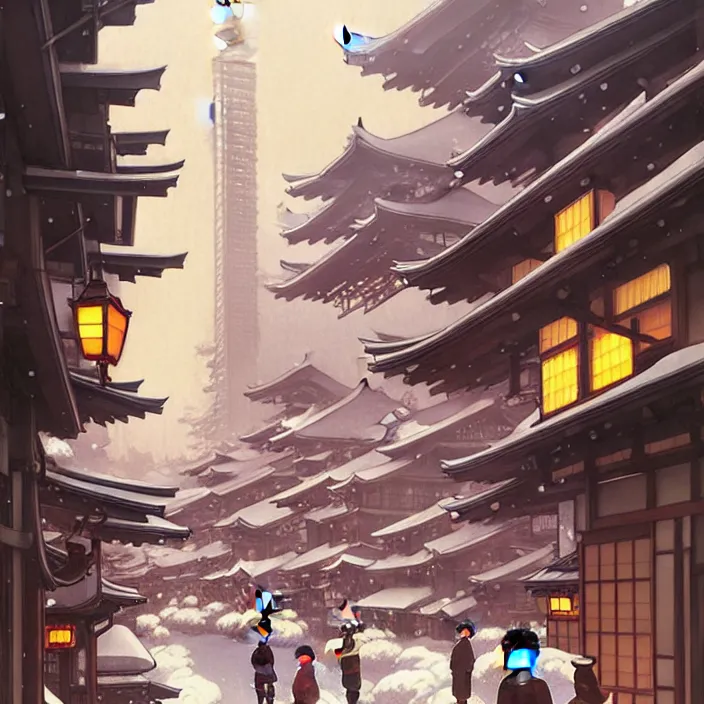 Image similar to japanese big city, winter, in the style of studio ghibli, j. c. leyendecker, greg rutkowski, artem