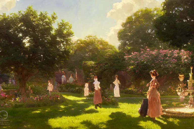 Prompt: an ornate victorian garden, party in front, scene in an open field. 1 8 9 0, key visual, conceptart, ambient lighting, highly detailed, digital painting, artstation, concept art, sharp focus, by makoto shinkai and akihiko yoshida and greg manchess