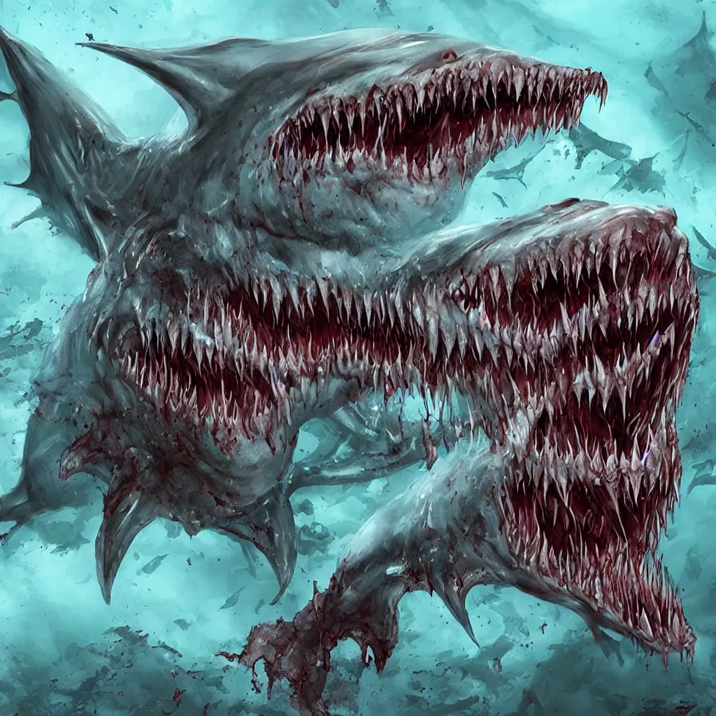 Image similar to horrifying and demonic shark creature with fangs, necromorph