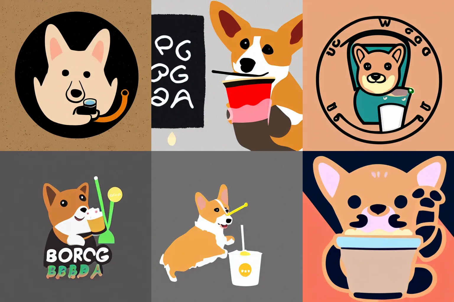 Prompt: a simple logo of a corgi is drinking boba milk tea, logo design