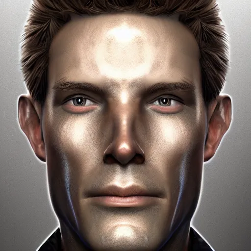 Image similar to portrait of a man with a robotic face,digital art,hyperdetailed,detailed face,photorealistic,professional lighting,studio camera,50mm lens,art by trevor henderson,artstation,deviantart