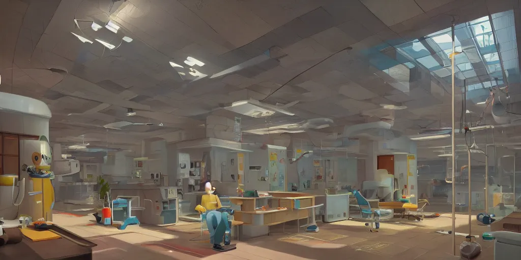 Prompt: interior of a cancer treatment center designed by Goro Fujita and Simon Stalenhag , 8k, trending on artstation, hyper detailed, cinematic