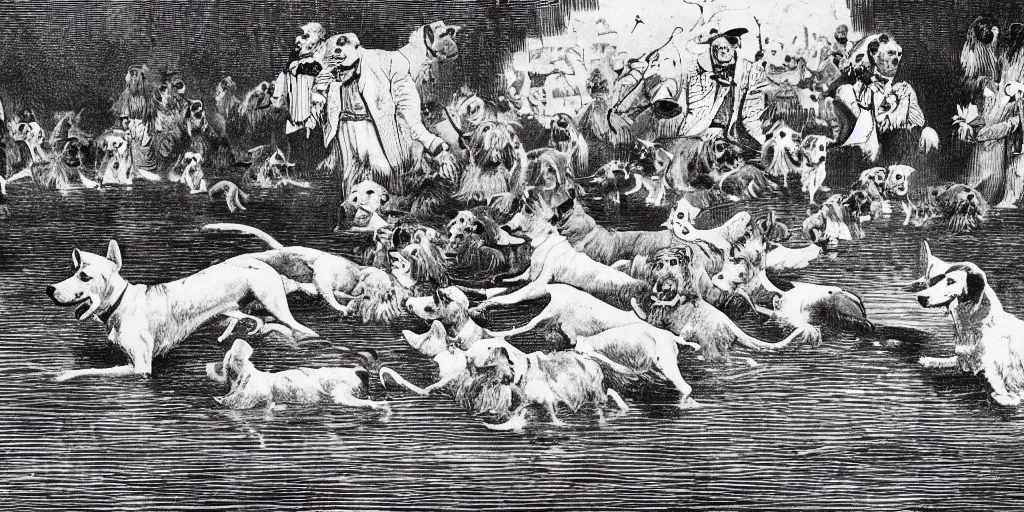 Prompt: an illustration of dogs swimming in a wide pool, vaudevillian, from 1890, detailed, vignette, high quality scan