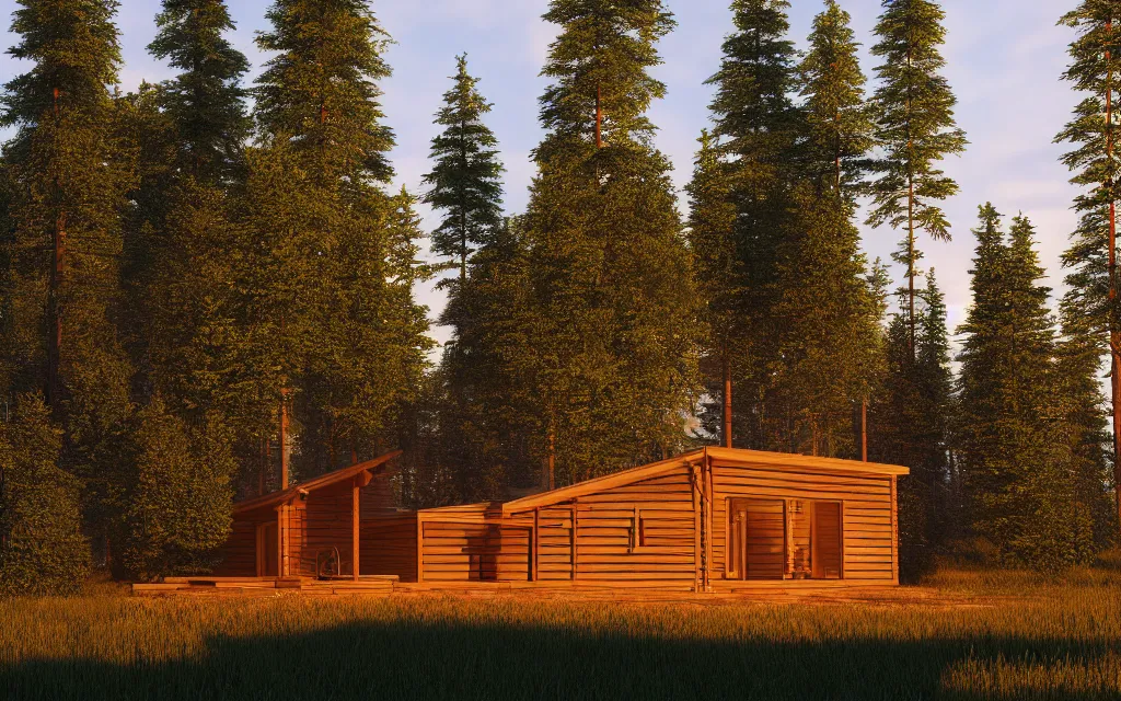 Image similar to finnish sauna architectural visualization, rendered in vray, golden hour, dof, mountainous landscape, pine forest, evermotion, ronen bekerman