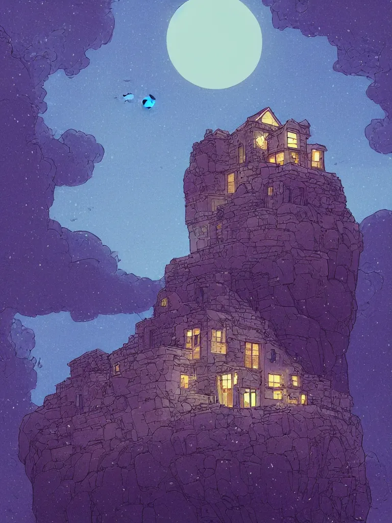 Prompt: a digital art of a small house on the cliff, a huge icy blue moon, a purple sky full of small stars, by laurie greasley, artstation, studio ghibli color scheme