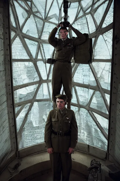 Image similar to kodak portra 5 0 mm f 4 full body portrait photography of a wwii airborne infantry soldier who's a mix of gillian anderson and adam driver, looking exhausted, setting is inside a sci fi megastructure tower looking out a window, photo by erwin olaf