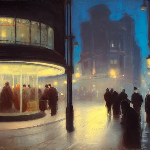 Image similar to a some people waiting in a lone bus stop in quiet dark city night, high quality, high resolution,detailed, by Jeremy Lipking evocative