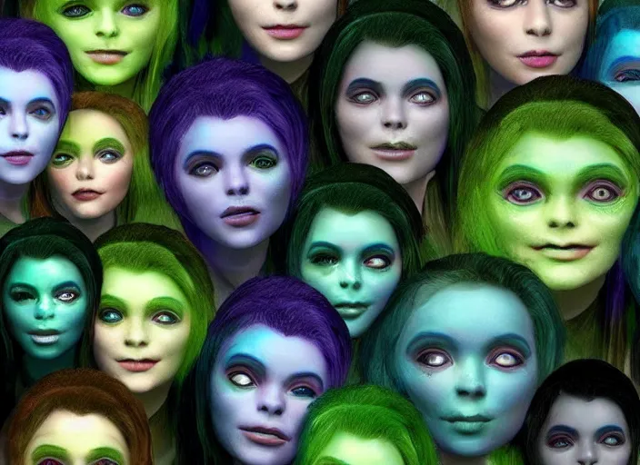 Image similar to beautiful aliens faces with green hair, 8 k, matte painting, in the style of artist, ann stokes