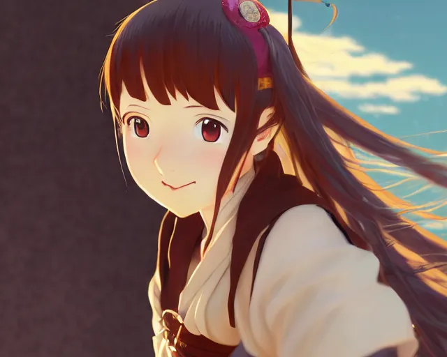 Image similar to anime visual, portrait of a young female adventurer in an open medieval market, cute face by yoh yoshinari, katsura masakazu, cinematic luts, cold studio lighting, dynamic pose, dynamic perspective, strong silhouette, anime cels, kyoto animation, cel shaded, crisp and sharp, rounded eyes, moody