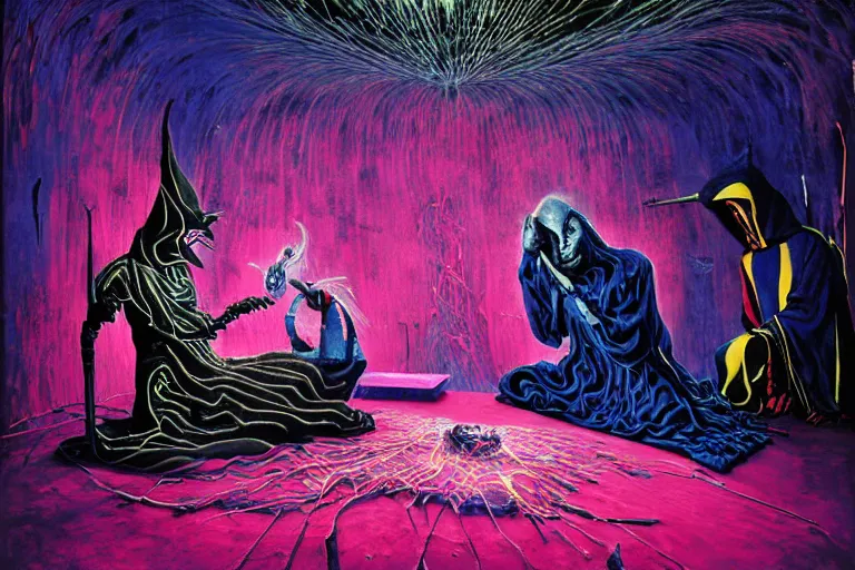 Image similar to a masterpiece painting in the laboratory of a technomancer wizard, in dazzle camouflaged robes, pointed hoods, he discusses sentience with his al djinn by remedios varo and anato finnstark and greg rutkowski and andy warhol and francis picabia. dayglo pink blue, prismatic, pearlescent, raven black, glowing, hyperrealism, trending on artstation