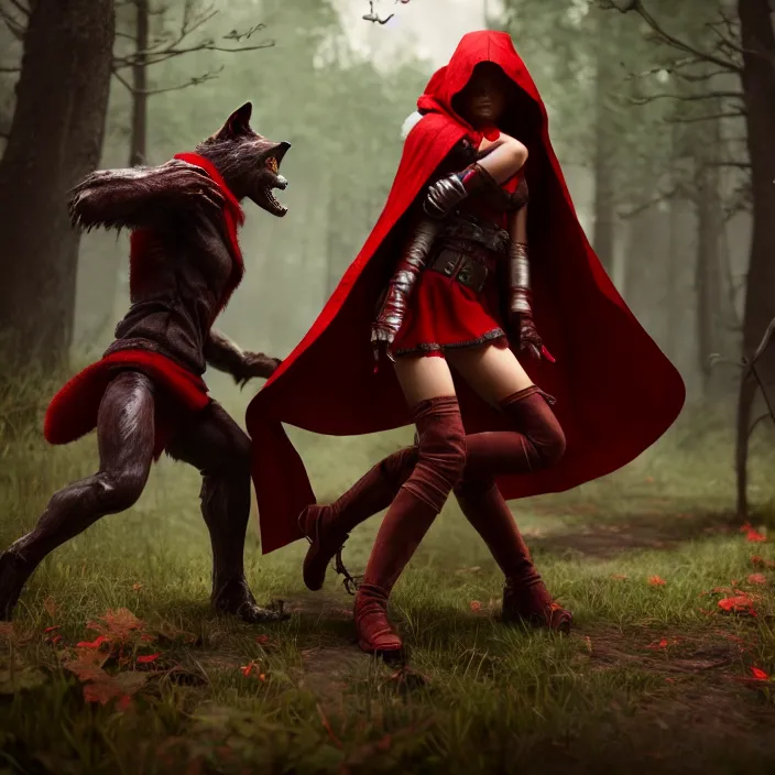 Image similar to beautiful red riding hood warrior confronting a werewolf ,highly detailed, 8k, HDR, award-winning, trending on artstation, octane render