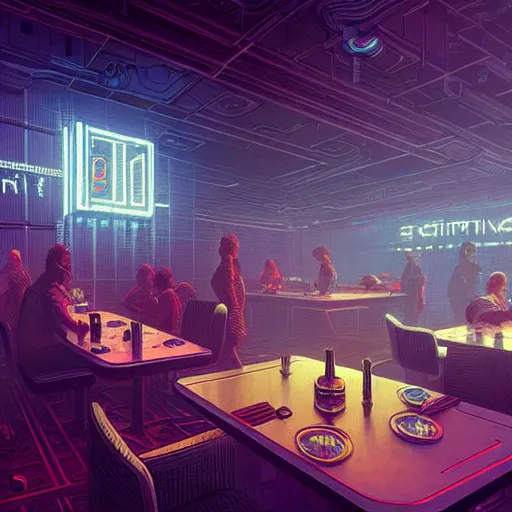 Image similar to futuristic cyberpunk restaurant, interior architecture view, beautiful detailed pixelart by albertov, intricate details, beautiful, dithered gradients, volumetric lighting, cgsociety, artstation, smooth, sharp focus, 2 d illustration, by greg rutkowski, amazing art by dan mumford