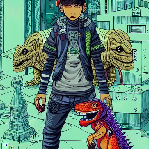 Prompt: intricate detailed color manga style illustration of a cyborg punk street kid with a pet dinosaur, cyberpunk