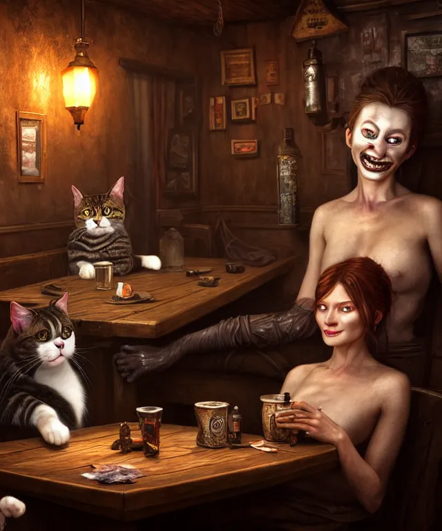 Image similar to hyperrealistic mixed media painting of a creepy smiling cat, dimly lit cozy tavern, leather tunic, confident relaxed pose, d&d, stunning 3d render inspired art by Gerlad Brom and Anna Dittmann + perfect facial symmetry + dim volumetric lighting, 8k octane beautifully detailed render, post-processing, extremely hyperdetailed, intricate, epic composition, grim yet sparkling atmosphere, cinematic lighting + masterpiece, trending on artstation, very very detailed, masterpiece, stunning