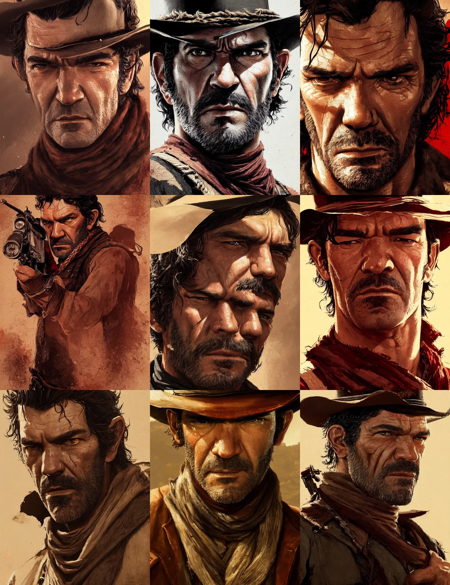 Prompt: close face portrait of antonio banderas as red dead redemption 2 concept art, art by ryo shiotani and greg rutkowski, intricate, beautiful, cute, cinematic lighting, vintage art by serge ivanoff, high resolution, very detailed