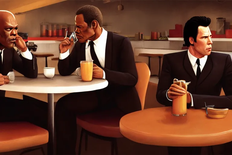 Image similar to painting pulp fiction movie highly detailed full - body samuel l jackson and john travolta posing in cafe, perfect symmetrical eyes, by eddie mendoza and tyler edlin, 8 k resolution, digital art, hyper realistic