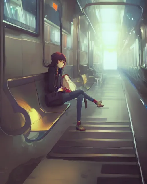 Prompt: a lonely girl sitting on a subway, full shot, ambient lighting, detailed shading, by makoto shinkai, stanley artgerm lau, wlop, rossdraws