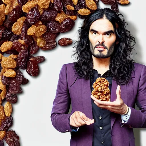 Prompt: russell brand with two scoops of raisins and the body of one of the california raisins from kelloggs raisin brand cereal 4 k, hyperdetailed, photorealism