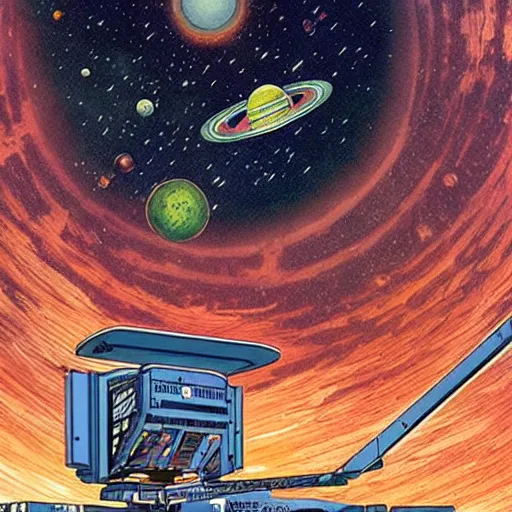 Prompt: great library in outer space, science fiction, mike mignogna, ron cobb, retrofuture