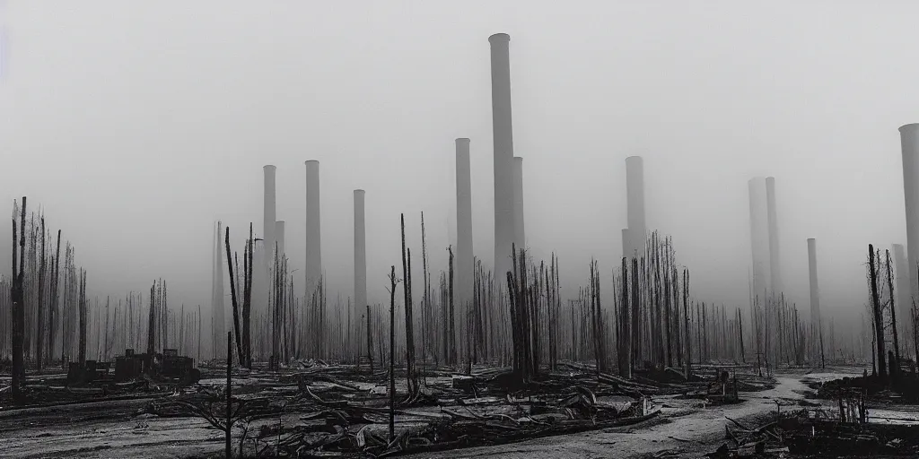 Prompt: industrial city destroying nature, 1 9 2 0 s spirit portrait photography, tall smoking chimneys, burning trees, cleared dead foggy death fog forest, huge industrial buildings, eerie, dark, by william hope