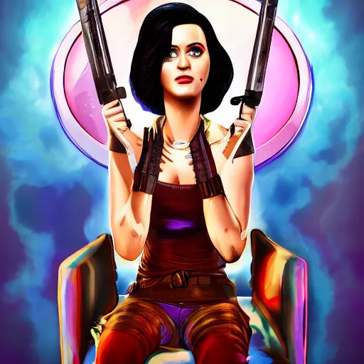 Image similar to katy perry portrait, borderlands, tales from the borderlands, the wolf among us, comic, cinematic lighting, studio quality, 8 k