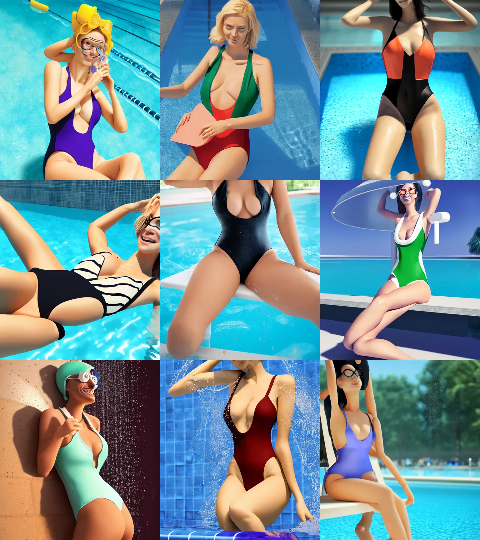 Prompt: attractive scientist girl in the closed one-piece swimsuit monokini, sitting at the bench in the pool shower, hourglass slim figure, full body shot close up, seductive smile, looking at the viewer, details, sharp focus, illustration, by Morgyuk and Eva Balloon and Justine S. Florentino and Jordan Grimmer and greg rutkowski, Trending artstation, pixiv, digital Art