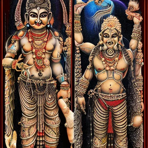 Image similar to hindu gods, airbrush painting by hr giger, intricate detail, exquisite craftsmanship, colorful lighting,