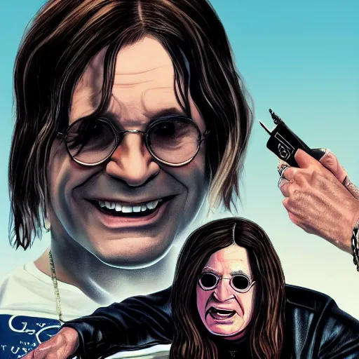 Prompt: Ozzy Osbourne in GTA 6, cover art by Stephen Bliss, artstation, no text, beautiful