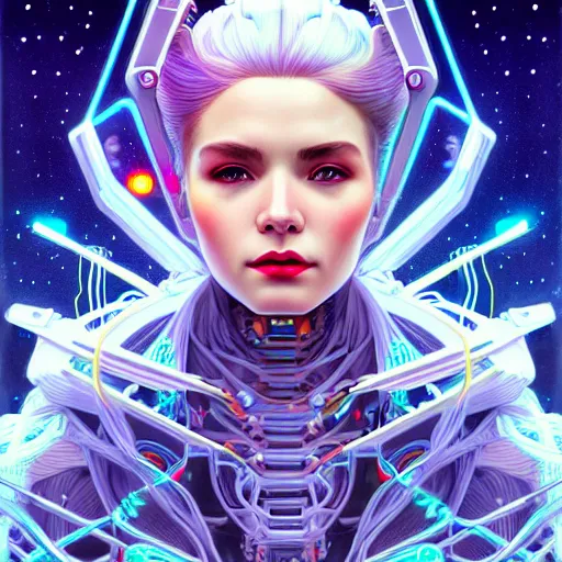 Image similar to high quality, high detailed portrait of a snow queen cyberpunk character in a futuristic world, tristan eaton, victo ngai, artgerm, rhads, ross draws, hyperrealism, intricate detailed, cables, wires, connectors, led. alphonse mucha, pastel colors, vintage, artstation, vector. 8 k